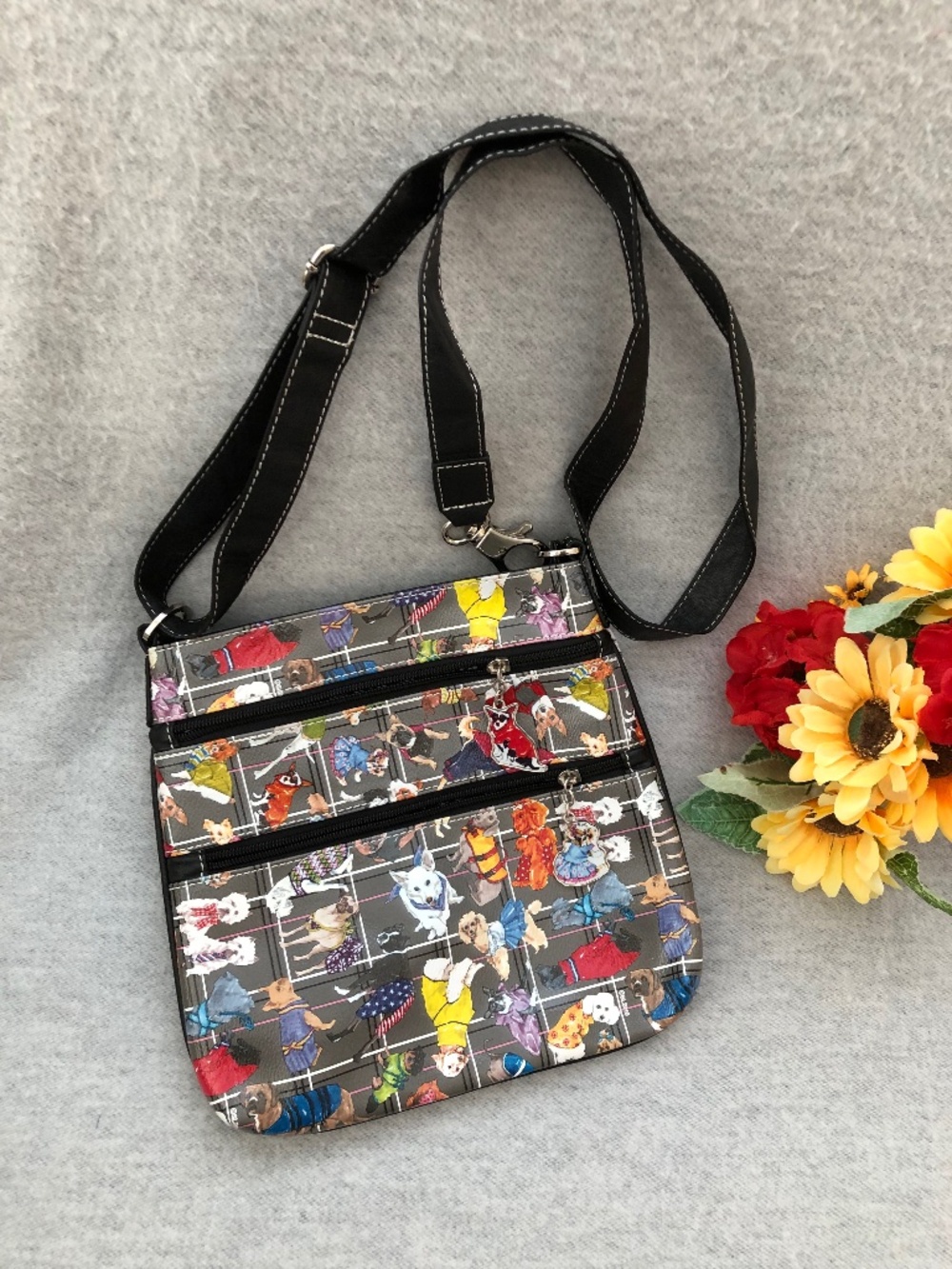 NWOT - Gray & Black Shoulder Bag with Multicolored Dog Images